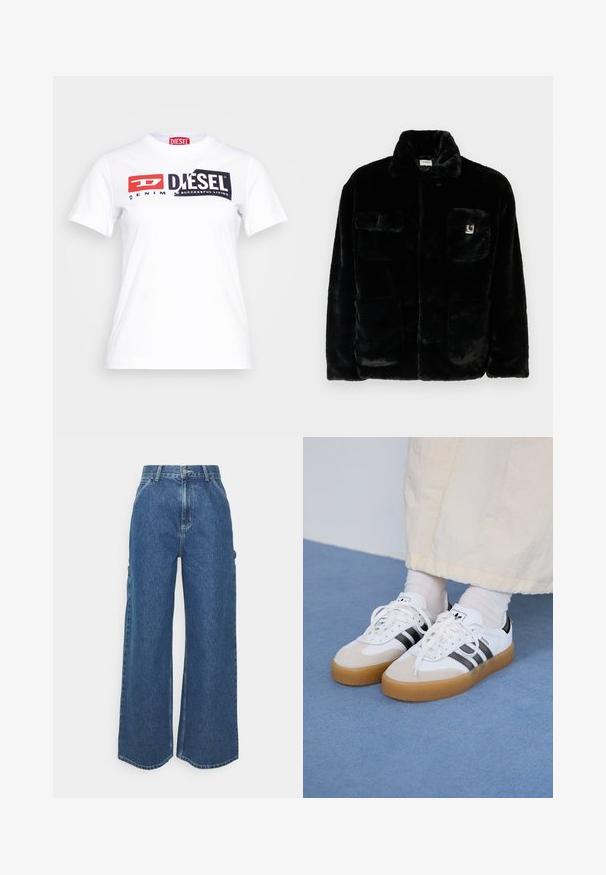 Čierna umelá kožušinová bunda s golierom, dvoma prednými vreckami a malou nášivkou na hornej ľavej strane. Mäkká textúra a uvoľnený strih.; Biely bavlnený tričko s okrúhlym výstrihom, s výrazným čiernym a červeným logom Diesel a textom "DENIM" v kontrastnom štýle. Krátke rukávy.; Dlhé modré džínsy so širokými nohavicami a vysokým pásom, s kontrastným prešívaním a bočnými vreckami, s klasickým dizajnom piatich vreciek a surovými lemami.; Biele tenisky s čiernymi pruhmi a béžovými semišovými detailmi. Majú textúrovanú gumovú podrážku a ploché biele šnúrky, kombinované s svetlými ponožkami.