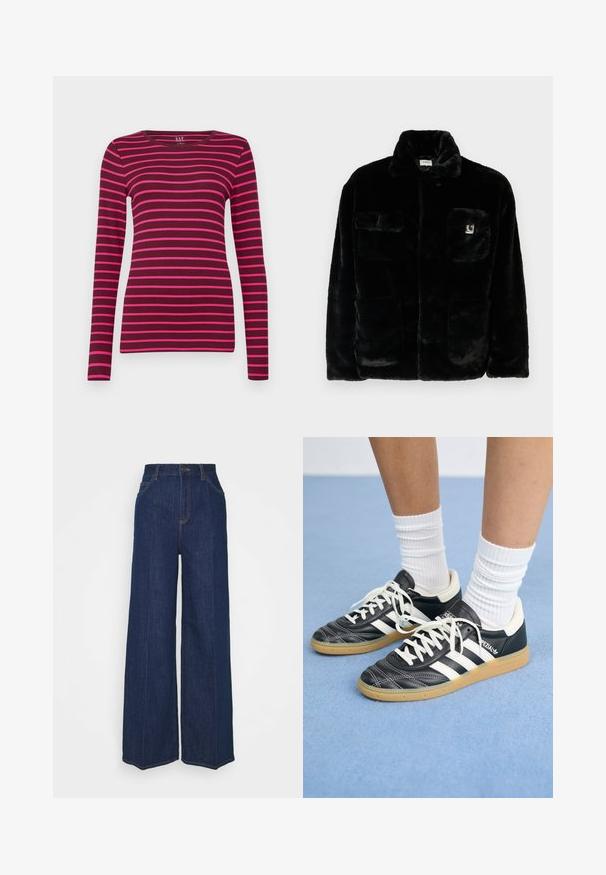 Schwarze Kunstpelzjacke mit Kragen, zwei Fronttaschen und einem kleinen Logo-Patch auf der oberen linken Seite. Weicher Stoff und lässige Passform.; GAP CREW - Langarmshirt - burgundy; Hochtaillierte, weit geschnittene, dunkelblaue Jeans aus Denim mit Front- und Gesäßtaschen, Knopfverschluss und sichtbaren Nähdetails.; Schwarze Ledersneaker mit weißen Streifen, runder Zehenpartie, weißen Schnürsenkeln und Gummisohle. Abgerundet durch gepolsterten Kragen und Branding-Details.