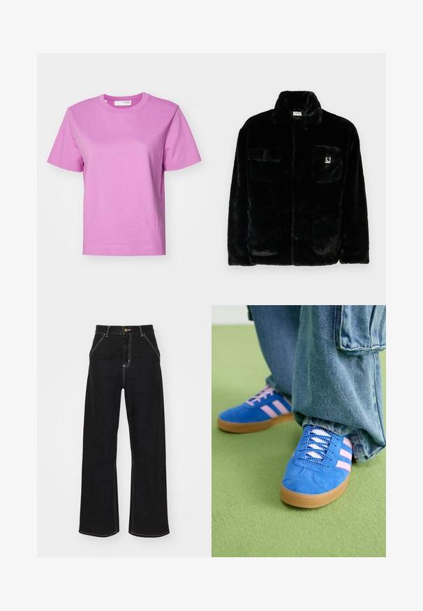 Sort faux fur jakke med krave, to forlommer og et lille logo-patch på venstre side. Blød tekstur og afslappet pasform.; Kortærmet T-shirt med rund hals i ensfarvet lyserød, lavet af bomuld, med en glat tekstur og lige pasform. Enkel design uden yderligere detaljer.; Sorte bukser med bred ben, lavet af denim og prydet med kontrastfarvet hvid syning samt en frontlukning med knap, og to skrå forlommer.; Blå ruskindsko med pink striber og hvide snørebånd, med en sål af gummi, parret med løse denimbukser på en grøn overflade.