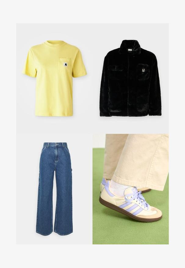 Crna jakna od umjetnog krzna s ovratnikom, dva prednja džepa i malim logotipom na gornjoj lijevoj strani. Mekana tekstura i opušteni kroj.; Žuta pamučna majica s kratkim rukavima, okruglim izrezom i prednjim džepom s crnom logotip naljepnicom. Glatka tekstura, ležeran dizajn.; Široke plave traperice s visokim strukom, kontrastnim šavovima i bočnim džepovima, s klasičnim dizajnom s pet džepova i sirovim rubovima.; Kremasto-ljubičaste tenisice s tri pruge i strukturiranim smeškim potplatom, s vezicama i podstavljenim petom. Mekana gornja tkanina.