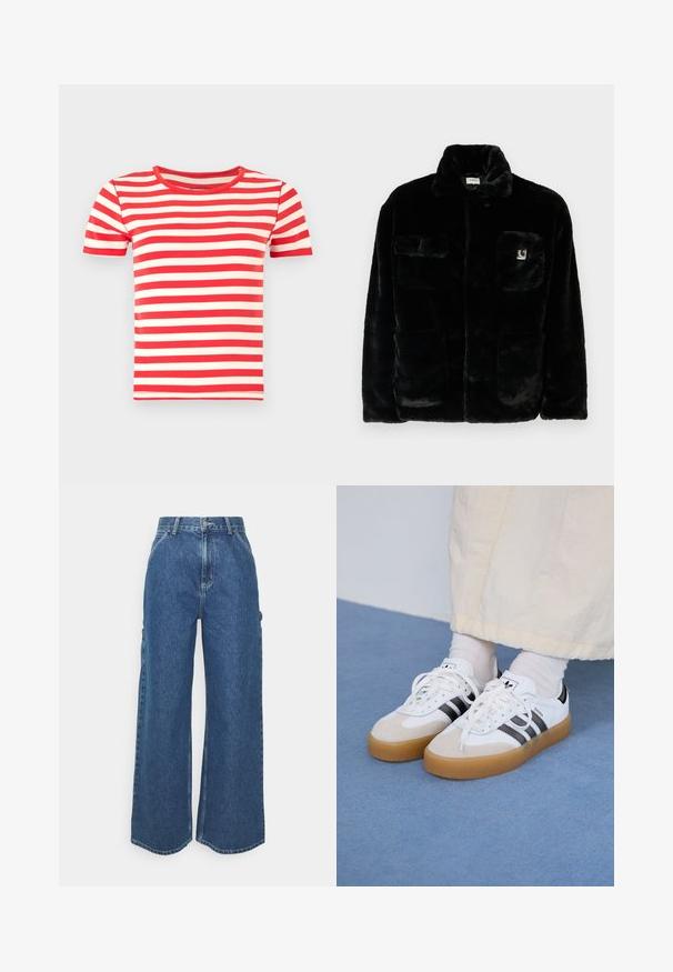 Melnā mākslīgā kažokādas jaka ar apkakli, divām priekšējām kabatām un mazu logo uzlīmi augšējā kreisajā pusē. Mīksta tekstūra un brīva piegriezuma.; Sarkanais un krēmkrāsas svītrainais īsais piedurkņu t-krekls ar apaļu kakla izgriezumu un mīkstu kokvilnas tekstūru; ar vienmērīgām horizontālām svītrām.; Platleņķa zili džinsi ar augstu jostasvietu, kontrastējošām šuvēm un sānu kabatām, ar klasisku piecu kabatu dizainu un neapstrādātiem malām.; Baltas sporta apavi ar melnām svītrām un beisīgo zamšādu akcentiem. Ievies struktūrētu gumijas zoli un izkārtotas baltas šnerves, valkāti ar gaišiem zeķēm.