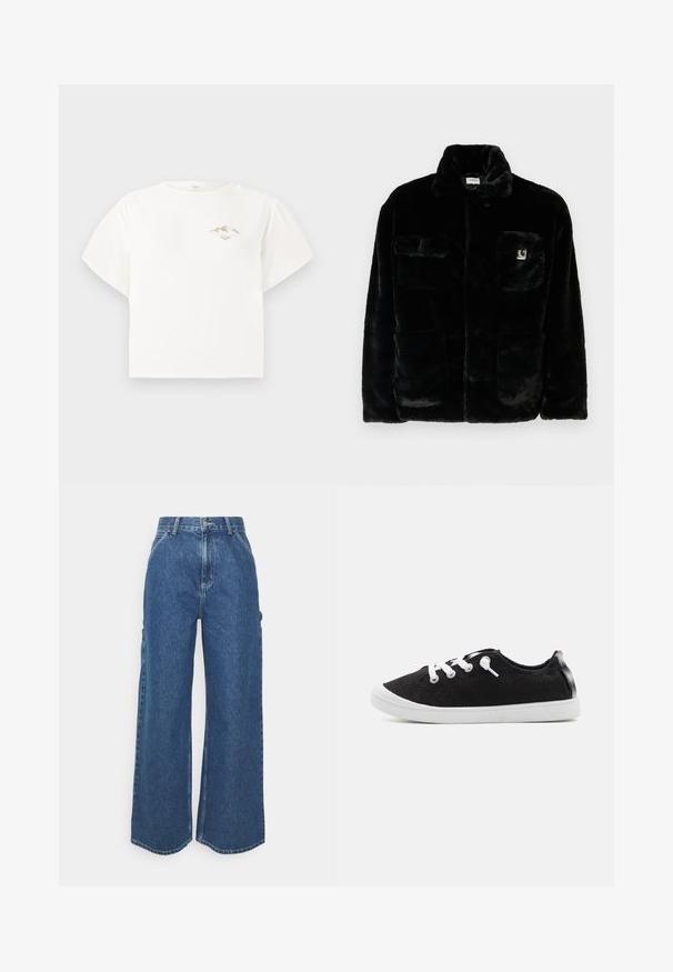 Černá bunda z umělé kožešiny s límcem, dvěma předními kapsami a malou nášivkou s logem na levém horním rohu. Měkká textura a volný střih.; Bílý tričko s krátkým rukávem vyrobené z bavlny, které má na hrudi malou zlatou grafiku hory a volný, široký střih.; Široké modré džíny s vysokým pasem, kontrastním šitím a postranními kapsami, které mají klasický design s pěti kapsami a rozstřižené lemy.; Černé plátěné tenisky s bílými tkaničkami, gumovou podrážkou a subtilními švy. Mají texturovaný zadní prvek v kontrastním materiálu.