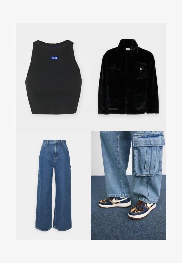 Svart fuskepelsjakke med krage, to forlommer og et lite logomerke på øvre venstre side. Myk tekstur og avslappet passform.; Svart ribbet crop-top med høy hals, med en blå "HUGO"-logo på framsiden. Stoffet er strukturert og tettsittende.; Videbeinete blå denimbukser med høy midje, kontraststing, og sidelommer, med et klassisk fem-lommers design og rå kanter.; Mørkeblå sneakers med leopardmønstrede detaljer, hvit Nike-svosh, brune snører og hvit mellomsåle. Kombinert med lyse denim cargo-bukser.
