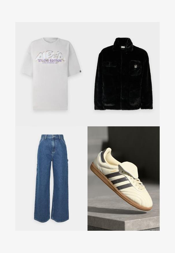 Chaqueta de pelaje sintético negro con un collar, dos bolsillos frontales y un pequeño parche con logo en la parte superior izquierda. Textura suave y ajuste relajado.; Camiseta blanca de manga corta con cuello redondo que presenta un logotipo brillante y multicolor de "ALPHA STUDIO EDITION" en la parte frontal.; Pantalones vaqueros de pierna ancha en azul con cintura alta, costuras en contraste y bolsillos laterales, que cuentan con un diseño clásico de cinco bolsillos y dobladillos sin rematar.; Zapatilla de cuero crema con tres rayas oscuras, suela de goma marrón y punta redondeada. Cuenta con una lengüeta plegable etiquetada como "SAMBA".