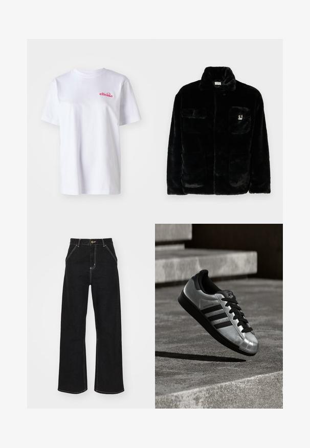 Schwarze Kunstpelzjacke mit Kragen, zwei Fronttaschen und einem kleinen Logo-Patch auf der oberen linken Seite. Weicher Stoff und lässige Passform.; Weißes Baumwoll-T-Shirt mit rundem Ausschnitt und kurzen Ärmeln. Es verfügt über ein kleines, pink gesticktes Logo auf der linken Brust.; Schwarze weit geschnittene Jeans aus Denim, mit kontrastierenden weißen Nähten und einem vorderen Knopfverschluss, ausgestattet mit zwei schrägen Fronttaschen.; Silberfarbener Sneaker mit schwarzer Gummisohle, schwarzen Schnürsenkeln und drei schwarzen Streifen. Verfügt über ein metallisches Finish und ein klassisches Shell-Toe-Design.