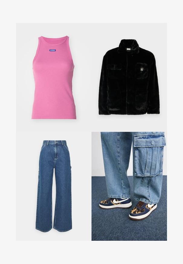 Črna umetna krznena jakna s ovratnikom, dvema sprednjima žepoma in majhnim logotipom na zgornji levi strani. Mehka tekstura in sproščen kroj.; HUGO EASY TANK - Top - medium pink; Široke modre denim hlače z visokim pasom, kontrastnim šivom in stranskimi žepi, ki vključujejo klasičen pet-džepni dizajn in robove brez obdelave.; Temno modre teniske z leopardjim vzorcem, bel Nike znak, rjave vezalke in bela podloga. V kombinaciji z svetlim denim krojačkim hlačami.