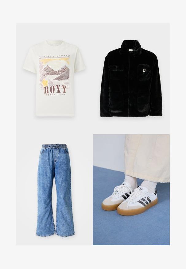 Zwarte nepbont jas met een kraag, twee voorzakken en een klein logo-opdruk op de bovenste linkerzijde. Zachte textuur en een ontspannen fit.; Witte katoenen T-shirt met een grafisch ontwerp van bergen en zonsondergang in aardetinten, met de tekst "ROXY" en "ENDLESS SUMMER". Klassieke pasvorm, korte mouwen.; Lichtblauwe denim wijde broek met een elastische tailleband en een koord. Bevat dubbeldikte naden en een ruwe zoom. Geen zichtbare zakken.; Witte sneakers met zwarte strepen en beige suède accenten. Voorzien van een gestructureerde gumzool en platte witte veters, gedragen met lichtgekleurde sokken.