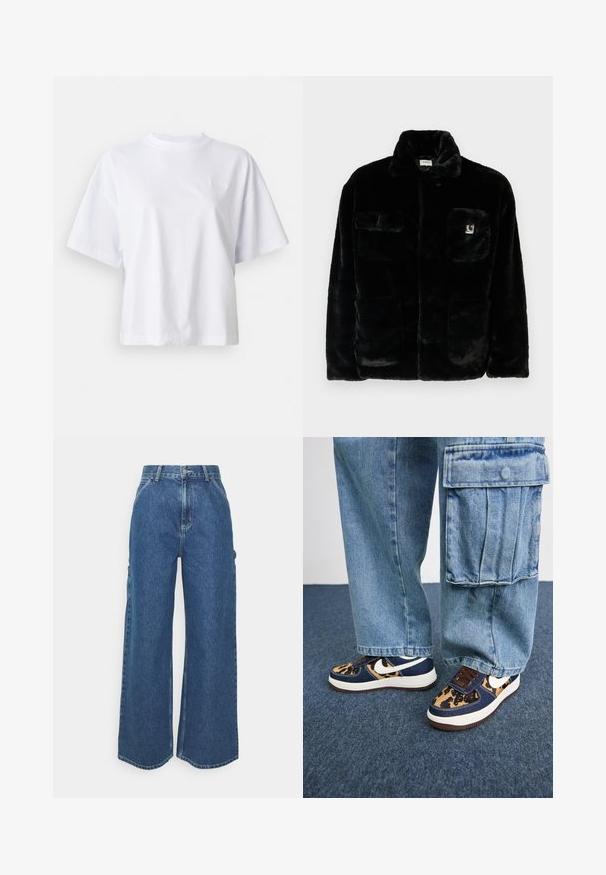 Melnā mākslīgā kažokādas jaka ar apkakli, divām priekšējām kabatām un mazu logo uzlīmi augšējā kreisajā pusē. Mīksta tekstūra un brīva piegriezuma.; Balts kokvilnas T-krekls ar brīvu pieguvi, īsām piedurknēm un ribinātu apaļu kakla izgriezumu. Uz krūtīm ir subtīla logo zīme.; Platleņķa zili džinsi ar augstu jostasvietu, kontrastējošām šuvēm un sānu kabatām, ar klasisku piecu kabatu dizainu un neapstrādātiem malām.; Tumši zili sporta apavi ar leoparda raksta akcentiem, baltu Nike swoosh, brūnām šņorēm un baltu starpsoļu daļu. Saskaņoti ar gaišiem denim cargo biksēm.