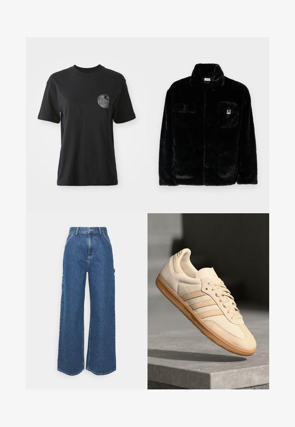 Must have kunstkarva jope kraega, kahe esikotiga ja väikese logo kleebisega vasakul ülal. Pehme tekstuur ja lõdva lõikega.; Must kasta T-särk, millel on ümmargune kaelus ja lühikesed varrukad, ning millel on vasaku rinna tasku piirkonnas tekstuuriga graafika spiraaldisainiga.; Laiene jalad sinised denim püksid kõrge vöökohaga, kontrastsete õmblustega ja küljetaskutega, klassikalise viie taskuga disainiga ja toore servaga.; Hele beeži sueded spordijalatsid, millel on kummist välistald, kolm diagonaalset triipu ja tekstuuriga varvaste katus. Omab logo keelel ja külgedel.