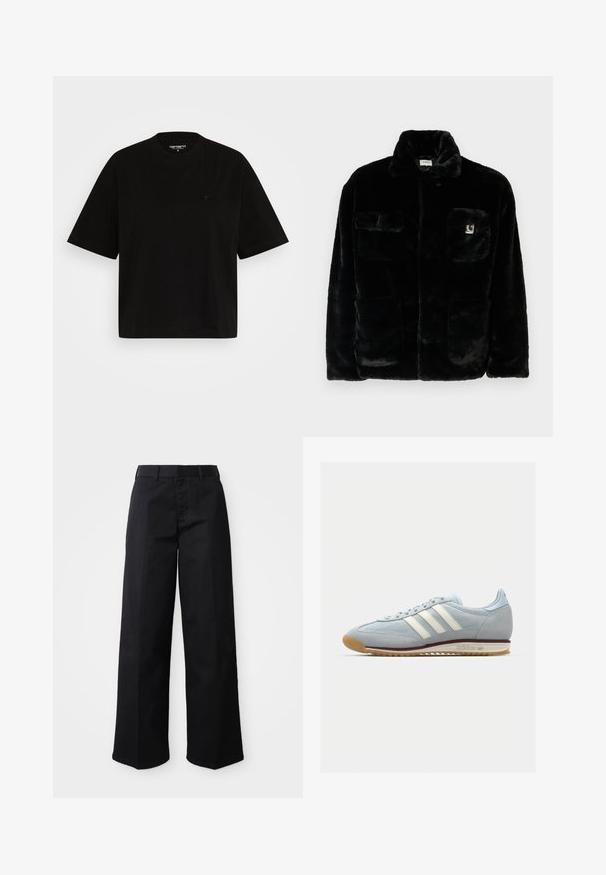 Črna umetna krznena jakna s ovratnikom, dvema sprednjima žepoma in majhnim logotipom na zgornji levi strani. Mehka tekstura in sproščen kroj.; Črna bombažna majica s sproščenim krojem, kratkimi rokavi, okroglo ovratnikom in majhnim logotipom na levi strani prsnega dela.; Črne široke hlače iz mehkega bombažnega blaga. Imajo klasičen pas, stranske žepe in raven kroj do roba.; Svetlo modri semiš copati s belimi tremi črtami, gumijastim podplatom in teksturirano mrežico. Imajo gladek pokrov prstov in blagovno znamko na peti.