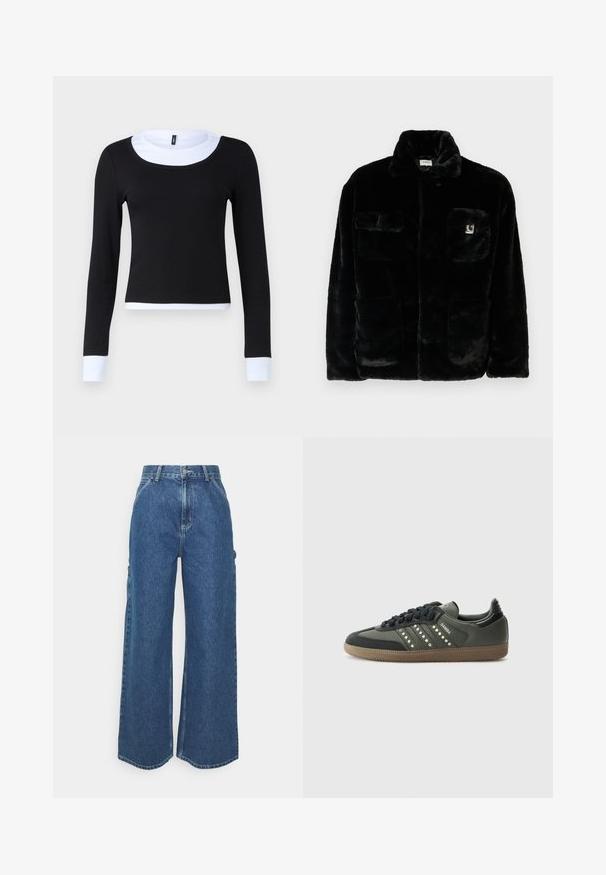 Must have kunstkarva jope kraega, kahe esikotiga ja väikese logo kleebisega vasakul ülal. Pehme tekstuur ja lõdva lõikega.; Must pikkade varrukatega must särk, millel on sooniktekstuur ja valgest materjalist ümar kaelus ning mansetid. Disain on kehaülene ja lühendatud vöökohale.; Laiene jalad sinised denim püksid kõrge vöökohaga, kontrastsete õmblustega ja küljetaskutega, klassikalise viie taskuga disainiga ja toore servaga.; adidas Originals SAMBA OG - Tossud - core black/legend earth/gum