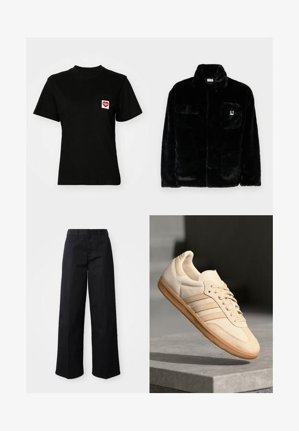 Chaqueta de pelaje sintético negro con un collar, dos bolsillos frontales y un pequeño parche con logo en la parte superior izquierda. Textura suave y ajuste relajado.; Camiseta de algodón negra con cuello redondo y mangas cortas. Cuenta con un bolsillo frontal con un logo de corazón rojo y texto blanco.; Pantalones de pierna ancha negros, hechos de suave tejido de algodón. Presentan una cinturilla clásica, bolsillos laterales y un corte recto hasta el dobladillo.; Zapatillas de ante beige claro con suela de goma, tres rayas diagonales y una puntera texturizada. Presenta el logo en la lengüeta y en el lateral.