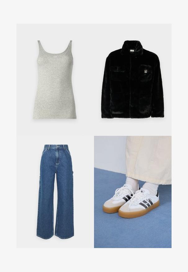 Fekete műszőrme dzseki gallérral, két elülső zsebbel és egy kis logóval a bal felső oldalon. Puha tapintás és laza fazon.; Szürke ujjatlan póló puha jersey anyagból, mély dekoltázzsal és vékony pántokkal. Minimalista design, minta vagy díszítés nélkül.; Széles szárú, kék farmernadrág magas derékkal, kontrasztos varrással és oldalsó zsebekkel, klasszikus öt zsebes kialakítással és nyers szegéllyel.; Fehér sportcipő fekete csíkokkal és bézs velúr részletekkel. Texturált gumi talppal és lapos fehér fűzőkkel rendelkezik, világos színű zoknival viselve.