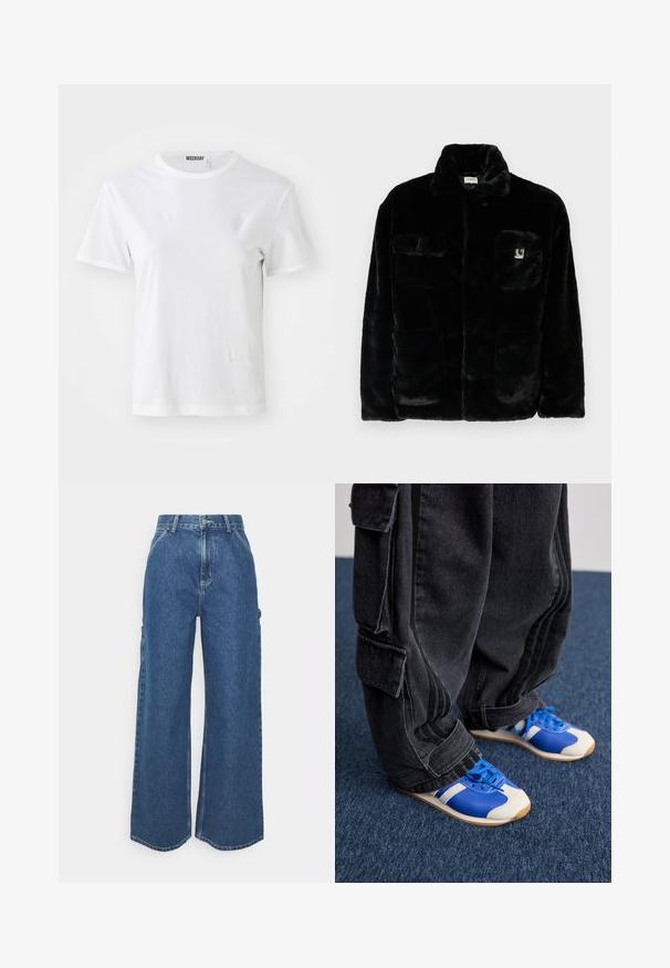 Black faux fur jacket with a collar, two front pockets, and a small logo patch on the upper left side. Soft texture and relaxed fit.; White short-sleeve T-shirt made from soft fabric. Features a round neckline and a straight fit, with a label on the inner collar.; Wide-leg blue denim trousers with a high waist, contrasting stitching, and side pockets, featuring a classic five-pocket design and raw hems.; Person wearing loose black cargo pants and blue and white sneakers standing on dark blue carpet.