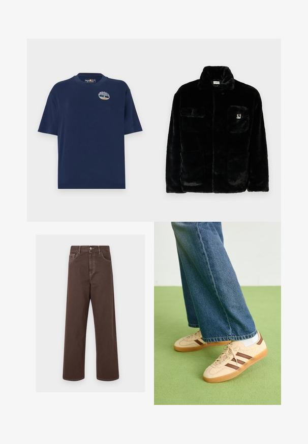 Juodas dirbtinio kailio švarkas su apykakle, dviem priekinėmis kišenėmis ir mažo logotipo užkulniu viršuje kairėje pusėje. Minkšta tekstūra ir laisvas kirpimas.; Tamsiai mėlynas medvilnės marškinėliai su apvalia iškirpte ir trumpomis rankovėmis. Pirmoje pusėje kairėje krūtinės pusėje yra išsiuvinėtas apvalus logotipas. Įprastas pjūvis.; Rudos plačios kojų džinsai su kontrastingomis siūlėmis, penkiais kišenėmis ir metaliniu mygtuko uždarymu. Lygus paviršius, tiesus kirpimas.; Bežiniai sportbačiai su tekstūruotais grietinėlės spalvos paneliais ir rudiems dryžiais, derinami su mėlynu džinsiniu džinsų komplektu. Džinsai turi plačias kojas ir nusidėvėjusį apatinį kraštą.