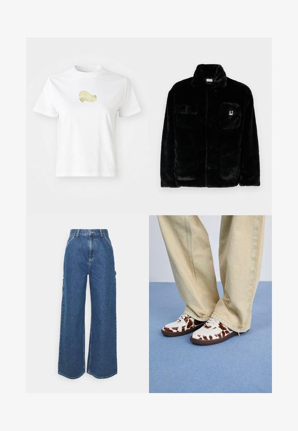 Black faux fur jacket with a collar, two front pockets, and a small logo patch on the upper left side. Soft texture and relaxed fit.; White cotton t-shirt featuring a yellow graphic design on the front. Round neck, short sleeves, and a relaxed fit. Smooth texture.; Wide-leg blue denim trousers with a high waist, contrasting stitching, and side pockets, featuring a classic five-pocket design and raw hems.; White and brown patterned sneakers with mesh and leather, featuring brown rubber soles. Paired with light beige wide-leg pants.