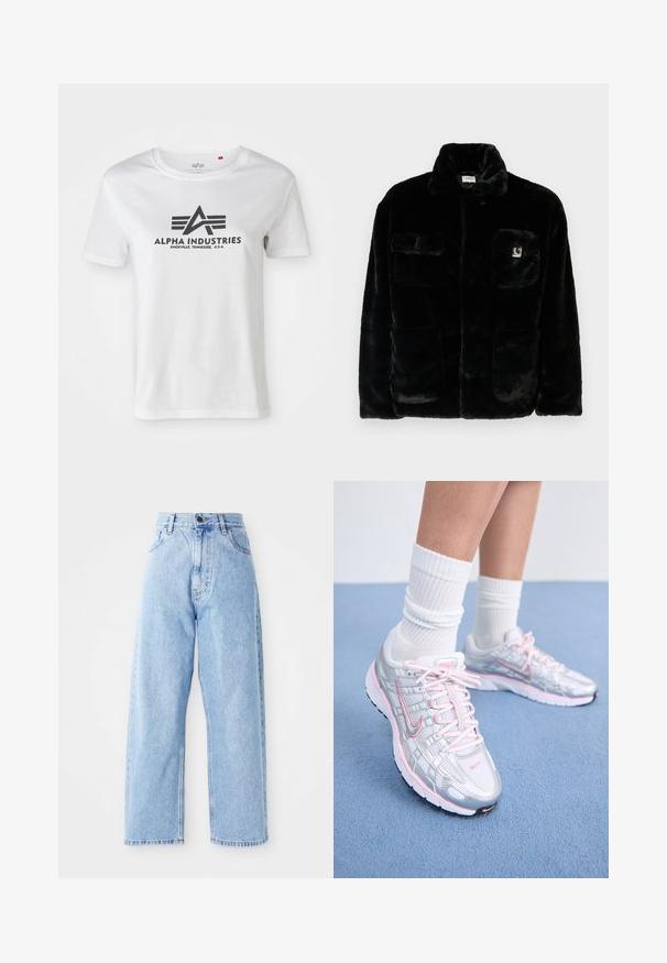 Fekete műszőrme dzseki gallérral, két elülső zsebbel és egy kis logóval a bal felső oldalon. Puha tapintás és laza fazon.; Rövidujjú fehér pamut póló, fekete nyomtatott logóval szárnyakkal és "ALPHA INDUSTRIES" felirattal, kerek nyakkivágással és laza szabással.; Magas derekú világoskék farmernadrág egyenes széles lábakkal, elülső gombbal, cipzáros záródással, valamint elülső és hátsó zsebekkel.; Nike futócipők ezüst hálós felsőrésszel, rózsaszín kiegészítőkkel, fehér fűzővel és texturált talppal. Fehér pamut sport zoknival viselve.