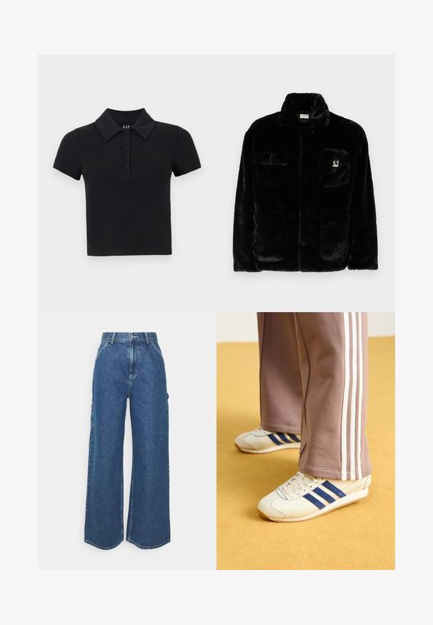 Sort faux fur jakke med krave, to forlommer og et lille logo-patch på venstre side. Blød tekstur og afslappet pasform.; Sort kortærmet polo shirt med krave, der har en knaplukning i front og er lavet af blødt, tekstureret bomuldsstof. Brandlogoet er vist indeni kraven.; Bredde ben blå denimbukser med høj talje, kontrastsyede sømme og sidelommer, med et klassisk fem-lomme design og rå kanter.; Creme sneakers med blå ruskindstriber, hvide snørebånd og gummisål. Parret med grå sweatpants med hvide sidestiber.