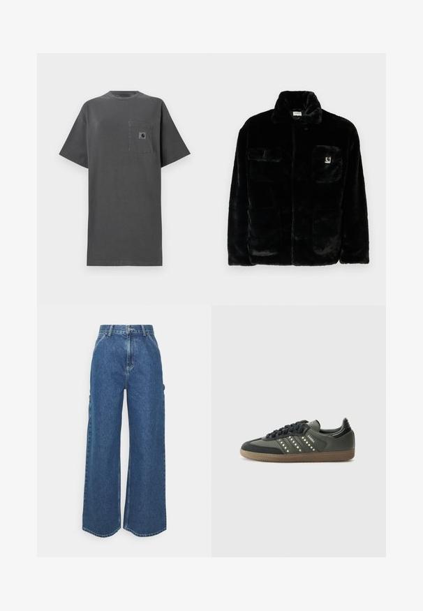 Must have kunstkarva jope kraega, kahe esikotiga ja väikese logo kleebisega vasakul ülal. Pehme tekstuur ja lõdva lõikega.; Hall t-särk, millel on lõtva lõikega, ümmargune kaelus, lühikesed varrukad ja rinna kohal tasku, millel on väike logo pilt.; Laiene jalad sinised denim püksid kõrge vöökohaga, kontrastsete õmblustega ja küljetaskutega, klassikalise viie taskuga disainiga ja toore servaga.; adidas Originals SAMBA OG - Tossud - core black/legend earth/gum