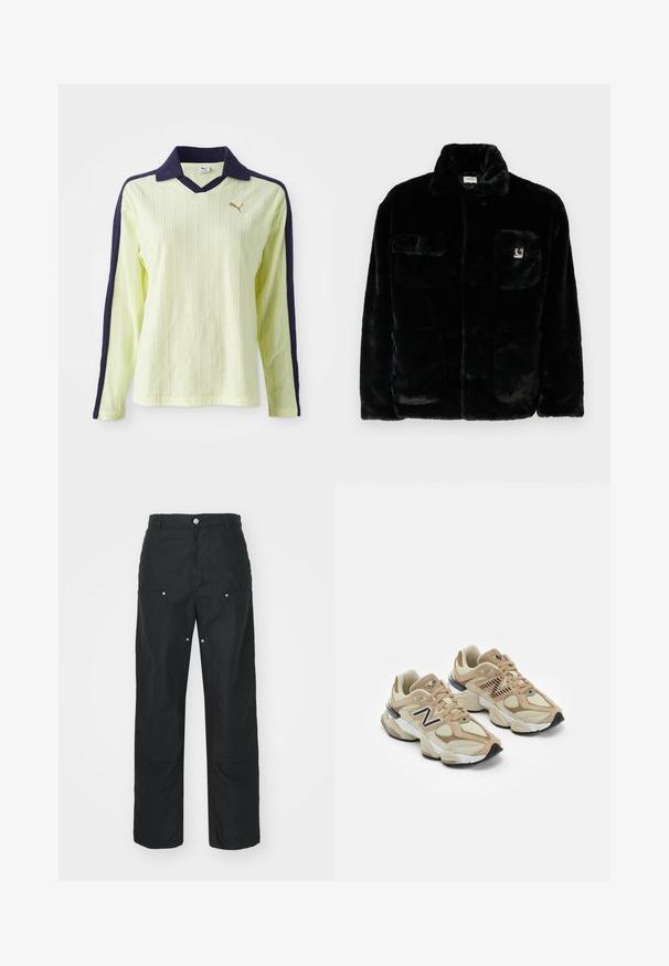 Črna umetna krznena jakna s ovratnikom, dvema sprednjima žepoma in majhnim logotipom na zgornji levi strani. Mehka tekstura in sproščen kroj.; Svetlo rumena polo majica z dolgimi rokavi, temno modrim ovratnikom in rokavi. Ima teksturiran rebrast dizajn ter majhen zlati logo na prsih.; Črne hlače ravnega kroja, izdelane iz teksturirane tkanine. Opremljene so z dekorativnim srebrnim okovjem in edinstvenimi detajli šivov.; Bež teniske z mrežastim in semiš materialom. Imajo črn logo in teksturirane detajle. Debela bela srednja podloga in črn gumijast podplat.