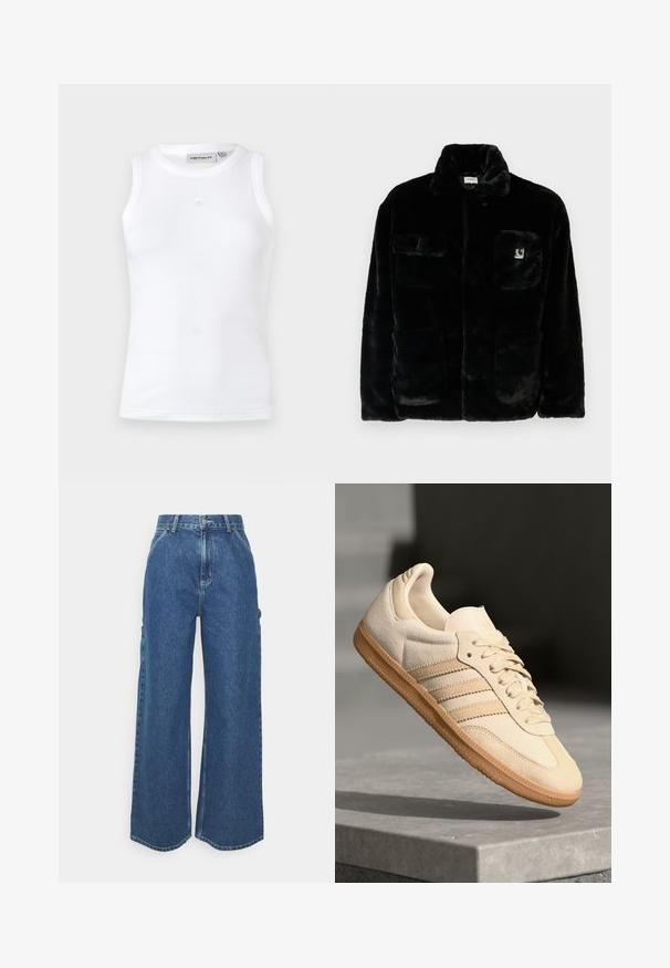Veste en fausse fourrure noire avec un col, deux poches avant et un petit patch logo sur le côté supérieur gauche. Texture douce et coupe décontractée.; Débardeur blanc sans manches en tissu côtelé. Présente un col rond et un petit logo au centre à l'avant. Design simple.; Pantalons en denim bleu à jambes larges avec taille haute, couture contrastée et poches latérales, présentant un design classique à cinq poches et des ourlets bruts.; Sneaker en suède beige clair avec semelle en gomme, trois rayures diagonales et un capuchon de pied texturé. Logo sur la languette et sur le côté.