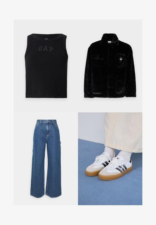 Casaco de pele sintética preta com colarinho, dois bolsos frontais e um pequeno patch de logo no lado superior esquerdo. Textura suave e ajustamento descontraído.; Top sem mangas texturizado preto com decote redondo, apresentando o logótipo "GAP" em preto em contraste na frente. Sem adornos adicionais.; Calças de ganga azuis de perna larga com cintura alta, costuras em contraste e bolsos laterais, apresentando um design clássico de cinco bolsos e bainhas desfiadas.; Ténis brancos com riscas pretas e detalhes em camurça bege. Apresentam uma sola de borracha texturizada e atacadores brancos lisos, usados com meias de tom claro.