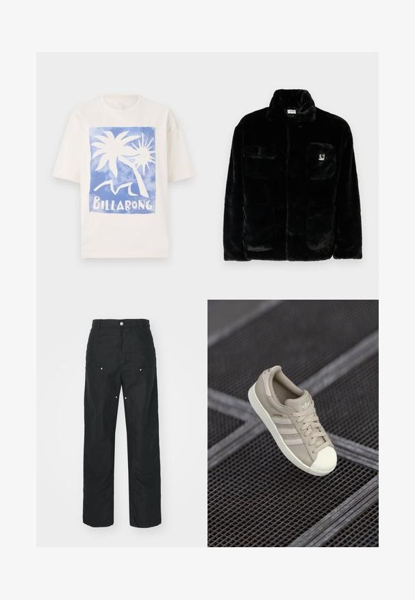 Svart fuskepelsjakke med krage, to forlommer og et lite logomerke på øvre venstre side. Myk tekstur og avslappet passform.; Kremfarget bomull t-skjorte med blå grafikk av palmer og ordet "BILLABONG" i hvitt. Korte ermer og avslappet passform.; Svarte bukser med rett ben-design, laget av et strukturert stoff. Har dekorativt sølvtilbehør og unike sømdetaljer.; Beige Adidas Superstar sneakers med teksturert lær øvre, tre laterale striper, rund tåhette og logo på tunge og hæl.