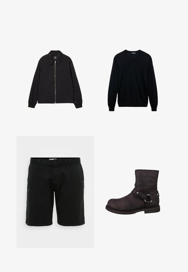 Black lightweight jacket with a zip closure, collared neck, elastic cuffs, and side pockets. Smooth texture with minimal detailing.; Black long-sleeve V-neck sweater with ribbed cuffs and hem, displayed on a white background.; Black cotton shorts with a straight cut. Features a button closure and belt loops. Smooth texture and slightly above-the-knee length.; Black leather motorcycle boot with a rounded toe, ankle height, and visible branding. Features a strap with a metal ring and silver hardware accents.