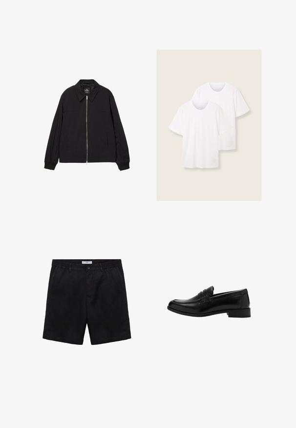 Zwarte lichtgewicht jas met een puntige kraag, volledige ritssluiting aan de voorkant en elastische manchetten. Voorzien van zijzakken en een gladde, matte textuur.; Twee witte katoenen t-shirts met korte mouwen en ronde hals, met een subtiele logodetail nabij de onderrand.; Zwarte shorts van zacht materiaal, met een knoopsluiting, een plat front en zijzakken. Standaard pasvorm met een gladde textuur.; Zwarte leren instapper met een ronde neus, geplooide voorzijde, textuuraccenten en een lage hak, afgebeeld tegen een effen achtergrond.