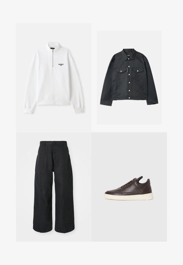 Musta farkkutakki, jossa on napitettavuus edessä, kaksi rintataskua läpillä, hopeiset yksityiskohdat ja klassinen kaulus. Sileä rakenne, lyhyt malli.; Valkoinen vetoketjullinen huppari, jossa on korkea kaulus ja edessä musta logo. Pehmeä kangas, rento malli, ribbaatut hihansuut ja helma.; Mustat leveälahkeiset housut, jotka on valmistettu kankaisesta materiaalista ja joissa on nappisuljenta. Niissä on kaksi etutaskua ja rento istuvuus.; Tummanruskea teksturoitu nahkasneakeri, jossa on nauhakiinnitys ja valkoinen uritettu kumipohja, vaalealla taustalla.