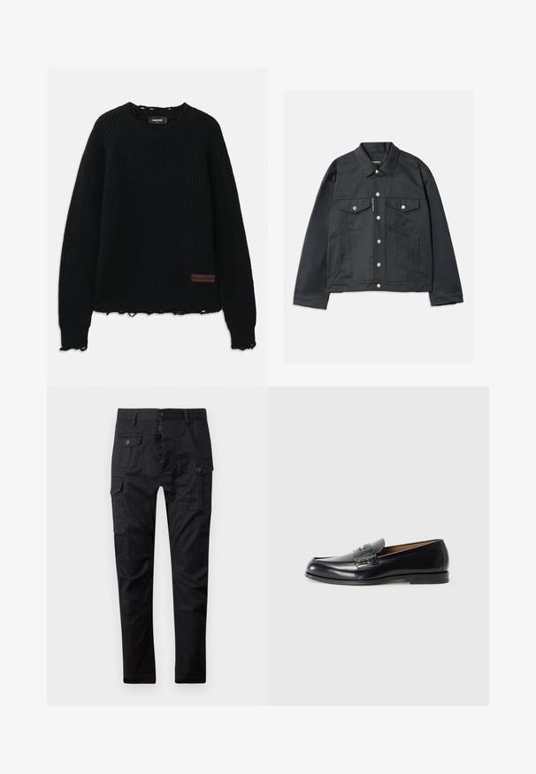 Zwarte denimjas met een knoopsluiting aan de voorkant, twee borstzakken met kleppen, zilverkleurige hardware en een klassieke kraag. Gladde textuur, kort model.; Zwarte wafelgebreide trui met een ronde hals, geribde boorden, een rafelige zoom en een klein bruin leren logopatch aan de onderkant van de linkerkant.; Zwarte cargobroek van duurzaam materiaal, met meerdere zakken, een knoopsluiting en een rechte pasvorm. Soepele textuur en matte afwerking.; Zwarte leren loafers met een gladde afwerking, rond de teen, decoratieve stiksels en een kleine metalen accent op de voorkant.