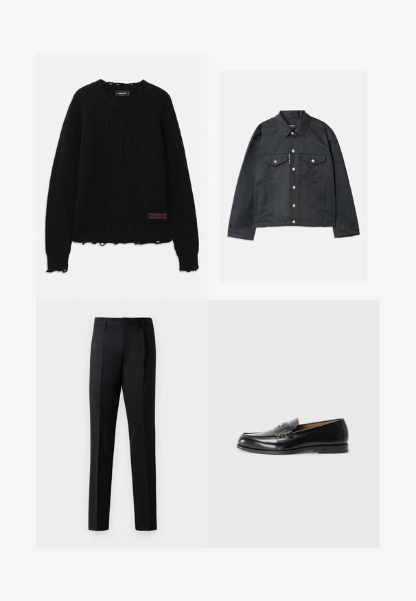 Zwarte denimjas met een knoopsluiting aan de voorkant, twee borstzakken met kleppen, zilverkleurige hardware en een klassieke kraag. Gladde textuur, kort model.; Zwarte wafelgebreide trui met een ronde hals, geribde boorden, een rafelige zoom en een klein bruin leren logopatch aan de onderkant van de linkerkant.; Zwarte formele broeken van een gladde stof, met een recht model, plooien aan de voorkant en een standaard tailleband zonder versieringen.; Zwarte leren loafers met een gladde afwerking, rond de teen, decoratieve stiksels en een kleine metalen accent op de voorkant.