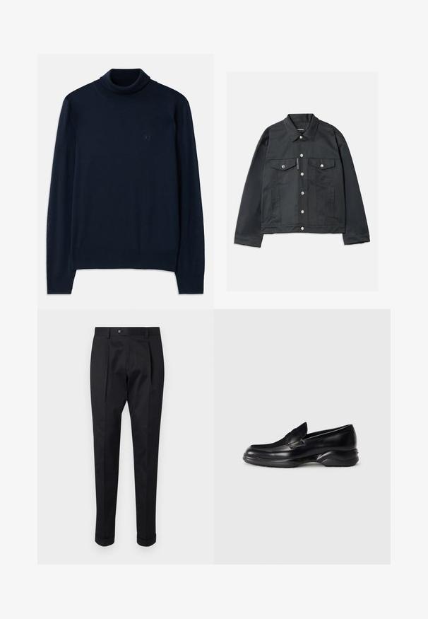 Crna traper jakna s gumbima sprijeda, dvije prednje džepove s preklopima, srebrnim dodacima i klasičnim ovratnikom. Glatka tekstura, skraćeni kroj.; Dsquared2 TURTLE NECK - Vesta - navy blue; Crne hlače od glatkog materijala, s preklopom sprijeda, kopčanjem na gumb i smotanim manžetama na gležnju.; Crne kožne mokasine s niskim, teksturiranim gumenenim đonom i šivanim dizajnom na gornjem dijelu. Imaju zaobljen vrh i minimalne ukrase.