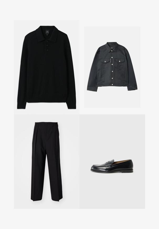 Must valge teksajakk, millel on nööbid ees, kaks rinna taskut klappidega, hõbedased detailid ja klassikaline krae. Sile tekstuur, lühike lõige.; Must mustriga pullover, millel on krae, kolm nööpi ja soonikkoesed. Omab pikki varrukasid ja tekstuurset kangast.; Mustad volditud püksid sirge ja laia säärega disainiga. Valmistatud siledast kangast, millel on nuppudega sulgemine ja vööaasad.; Mustad nahast loafers musta värviga, siledat pinna, ümmarguse toe, dekoratiivse tikandi ja väikese metallaktsendiga esiosas.