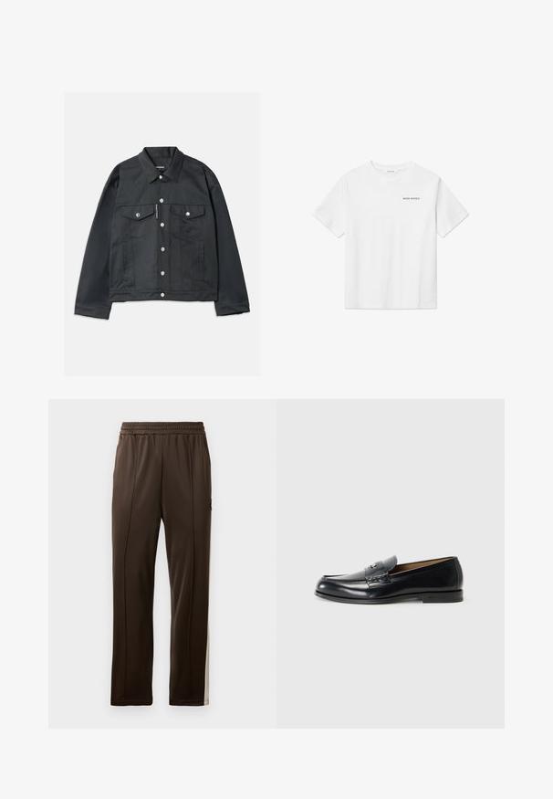 Black denim jacket featuring a button-up front, two chest pockets with flaps, silver hardware, and a classic collar. Smooth texture, cropped fit.; White cotton t-shirt with short sleeves, round neck, and small black "WOOD WOOD" logo on the left chest. Smooth texture, standard fit.; Brown athletic pants with an elastic waistband, side stripes in a lighter shade, and a pocket with a small logo accent. Smooth texture.; Leather loafers in black with a smooth finish, rounded toe, decorative stitching, and a small metal accent on the front.