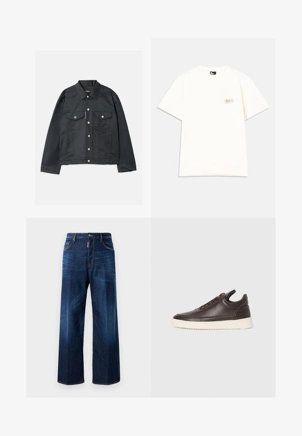 Veste en denim noir avec une fermeture à boutons sur le devant, deux poches poitrine avec rabat, quincaillerie argentée et col classique. Texture lisse, coupe courte.; T-shirt crème à manches courtes en coton, avec une petite poche comportant un détail d'étiquette dans le coin supérieur gauche. Design à col rond.; Jeans en denim bleu foncé avec une coupe décontractée, des jambes larges et un léger délavage. Présentent des détails cousus et une étiquette de marque sur la taille.; Baskets en cuir texturé brun foncé avec un dessus à lacets et une semelle en caoutchouc blanc striée sur un fond clair et uni.