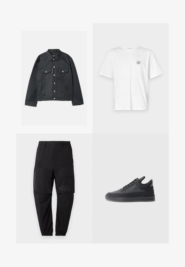 Crna traper jakna s gumbima sprijeda, dvije prednje džepove s preklopima, srebrnim dodacima i klasičnim ovratnikom. Glatka tekstura, skraćeni kroj.; Bijela majica od pamuka s kratkim rukavima, okruglim izrezom i malim sivim logotipom na lijevoj strani prsnog područja. Glatka tekstura.; Crne cargo hlače s elastičnim pojasom, koje imaju više bočnih džepova, detalj na zatvarač i suptilan otisak loga na bedru.; Crne kožne tenisice s teksturiranom površinom, s vezicama, niskog su kroja i sivoj gumenoj potplati koja ima rebrasti rub.