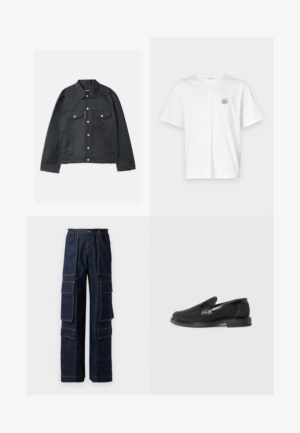 Schwarze Jeansjacke mit durchgehender Knopfleiste, zwei Brusttaschen mit Klappen, silbernen Beschlägen und klassischem Kragen. Glatte Textur, taillierte Passform.; Weißes T-Shirt aus Baumwolle mit kurzen Ärmeln, Rundhalsausschnitt und kleinem grauen Logo auf der linken Brustseite. Glatte Textur.; Marineblaue Cargohosen aus Denim mit mehreren großen Taschen, elastischem Bund und kontrastierenden orangen Nähten. Weit geschnitten für eine entspannte Passform.; Schwarzer geflochtener Slipper mit einem glatten Lederakzent im Obermaterial, einem runden Zehendesign und einer flachen Gummisohle.