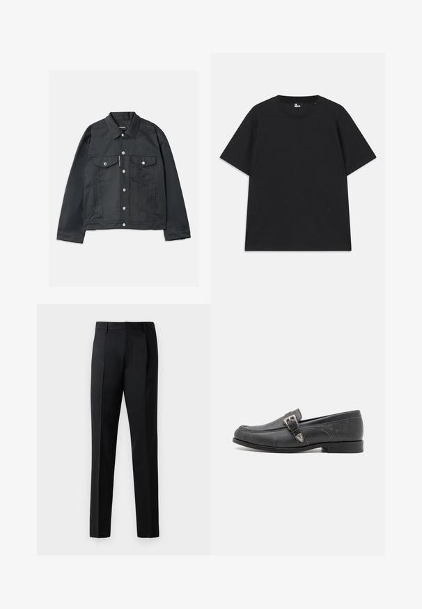 Černá denimová bunda s knoflíkovým zapínáním, dvěma náprsními kapsami s klopami, stříbrnými akcenty a klasickým límcem. Hladká textura, zkrácený střih.; Černé tričko s krátkým rukávem z bavlny, s kulatým výstřihem a malým logem poblíž lemu. Hladká textura, běžný střih.; Černé formální kalhoty vyrobené z hladké látky, s rovnými nohavicemi, předními sklady a standardním pasem bez ozdob.; The Kooples CHAUSSURES - Polobotky - black