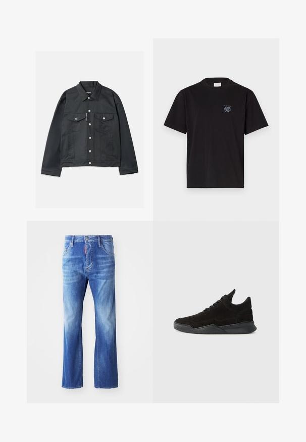 Giacca in denim nera con bottoni frontali, due tasche sul petto con patta, minuteria argentata e colletto classico. Texture liscia, vestibilità corta.; T-shirt in cotone nero con collo rotondo e maniche corte. Presenta un piccolo logo blu sul lato sinistro del petto. Design semplice e dritto.; Jeans in denim blu chiaro con una vestibilità rilassata, caratterizzati da un lavaggio sbiadito, gambe dritte, design a cinque tasche e un'etichetta rossa in vita.; Sneaker in suede nera con profilo basso, tomaia testurizzata, lacci piatti e suola in gomma solida con un leggero tacco e design curvato.
