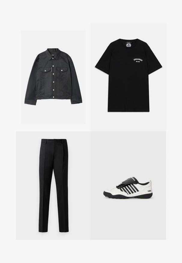Musta farkkutakki, jossa on napitettavuus edessä, kaksi rintataskua läpillä, hopeiset yksityiskohdat ja klassinen kaulus. Sileä rakenne, lyhyt malli.; Mustapaita, jossa on lyhyet hihat, ja jossa on valkoinen "DSQUARED2 MILANO" -logo rinnassa. Kaula-aukko on pyöreä, ja kangas on sileä.; Mustat viralliset housut, jotka on valmistettu sileästä kankaasta, suoranlahkeiset, etupleiteillä varustetut ja tavanomainen vyötärö ilman koristeita.; Tennarit, joissa on valkoinen halkeiltu pinta, mustia yksityiskohtia, viisi vaakaraitaa ja musta pehmustettu kieli, jossa lukee "1984". Musta kumipohja.