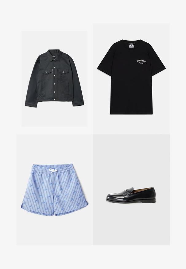 Čierna džínsová bunda s gombíkovým zapínaním vpredu, dvoma náprsními vreckami s klopami, striebornými prvkami a klasickým golierom. Hladká textura, skrátený strih.; Čierne bavlnené tričko s krátkymi rukávmi, s bielym logom "DSQUARED2 MILANO" na hrudi. Design s okrúhlym výstrihom, hladká textúra.; Svetlomodré plavky s vertikálnymi bielymi pruhmi a malými modrými logami. Obsahujú elastický pás so bielym šnúrkovým uťahovaním a bočnými rozparokmi.; Čierne kožené mokasíny s hladkým povrchom, okrúhlou špičkou, dekoratívnym prešívaním a malým kovovým akcentom na prednej strane.