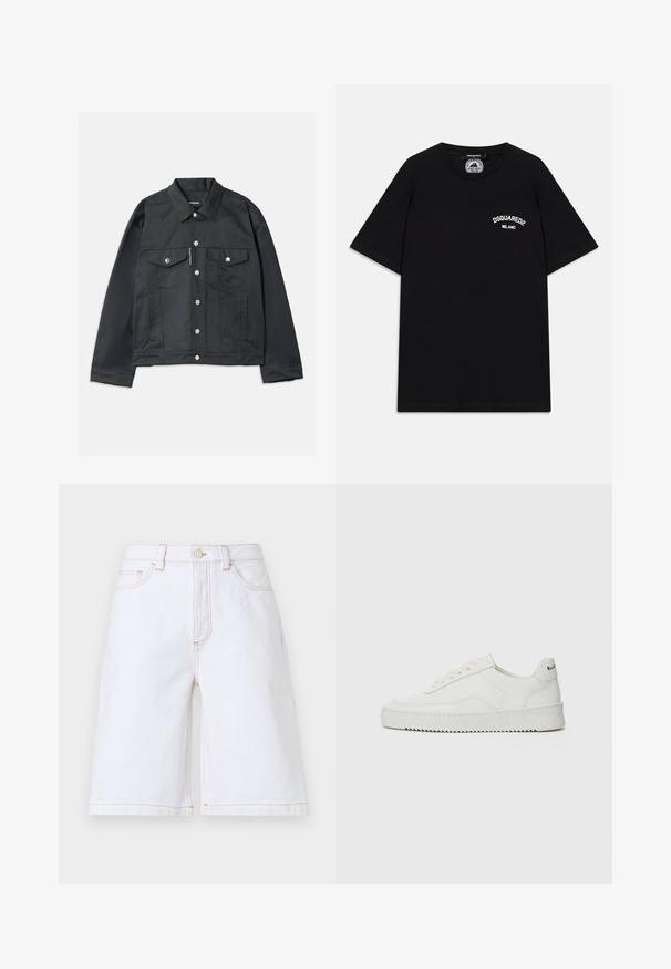 Črna kavbojka jakna z zapenjanjem na gumb, dvema žepoma na prsih s poklopcem, srebrnimi zakovicami in klasičnim ovratnikom. Gladka tekstura, skrajšan kroj.; Črna bombažna majica s kratkimi rokavi, s belim logotipom "DSQUARED2 MILANO" na prsih. Oblika s krožnim ovratnikom, gladka tekstura.; Beli jeans kratke hlače z ravnim krojem, petimi žepi in kontrastnim svetlo rjavim šivom. Vključujejo sprednji gumb in zadrgo.; Bela usnjena športna obutev z gladko površino, okroglo prst, ravne vezalke in teksturiran podplat. Ima diskretno logo na peti.