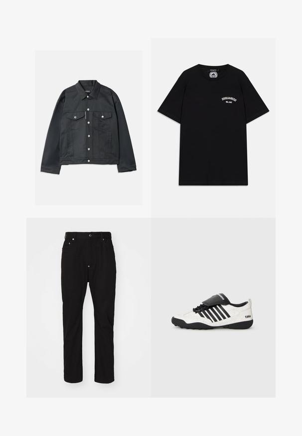 Črna kavbojka jakna z zapenjanjem na gumb, dvema žepoma na prsih s poklopcem, srebrnimi zakovicami in klasičnim ovratnikom. Gladka tekstura, skrajšan kroj.; Črna bombažna majica s kratkimi rokavi, s belim logotipom "DSQUARED2 MILANO" na prsih. Oblika s krožnim ovratnikom, gladka tekstura.; Črne bombažne hlače s ravnim krojem, z všitimi gumbi, zasnovo s petimi žepi in subtilno teksturo. Brez vidnih okraskov ali vzorcev.; Tenisice z belim razpokanem slojem, črnimi detajli, petimi horizontalnimi črtami in črnim oblazinjenim jezikom z oznako "1984". Črn gumijast podplat.