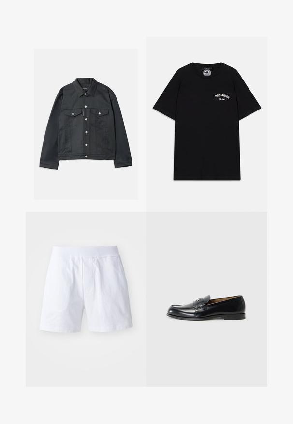 Černá denimová bunda s knoflíkovým zapínáním, dvěma náprsními kapsami s klopami, stříbrnými akcenty a klasickým límcem. Hladká textura, zkrácený střih.; Černé bavlněné tričko s krátkými rukávy, se svým bílým logem "DSQUARED2 MILANO" na hrudi. Design s kulatým výstřihem, hladká textura.; Bílé bavlněné šortky mají elastický pás, dvě boční kapsy a volnější střih. Hladká textura bez viditelných vzorů nebo akcentů.; Kožené mokasíny v černé barvě s hladkým povrchem, kulatou špičkou, dekorativním prošíváním a malým kovovým detailem na přední straně.