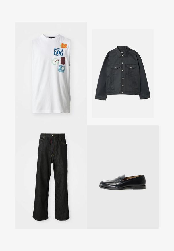 Schwarze Jeansjacke mit durchgehender Knopfleiste, zwei Brusttaschen mit Klappen, silbernen Beschlägen und klassischem Kragen. Glatte Textur, taillierte Passform.; Weißes ärmelloses Baumwoll-T-Shirt mit bunten Grafiken und Aufnähern, darunter Palme, Blumen und abstrakte Designs in Blau, Grün und Rot.; Schwarze gerade Jeans mit gelben Nähten, Fünf-Taschen-Design, Knopfverschluss und einem kleinen roten Etikett an der rechten Vorderseite der Tasche.; Schwarze Ledermokassins mit glatter Oberfläche, runder Zehenform, dekorativer Naht und einem kleinen Metallelement an der Vorderseite.