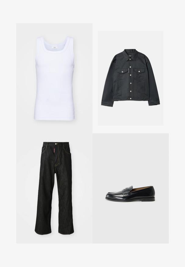 Melna džinsa jaka ar pogām aizdari, divām krūšu kabatām ar vāciņiem, sudraba detaļām un klasisku apkakli. Gluda tekstūra, īsāka piegriezuma.; Balta kokvilnas bez piedurknēm tank top krekliņš ar apaļu kakla izgriezumu, ar gludu tekstūru un pieguļošu formu, paredzēts ikdienas valkāšanai.; Melnas taisnas kājas džinsas ar dzeltenu šuvumu, piecu kabatu dizains, pogu aizdare un mazs sarkans birka priekšējā labajā kabatā.; Melnas ādas loafers ar gludu apdari, noapaļotu purngalu, dekoratīvo šuvi un mazu metāla akcentu priekšā.