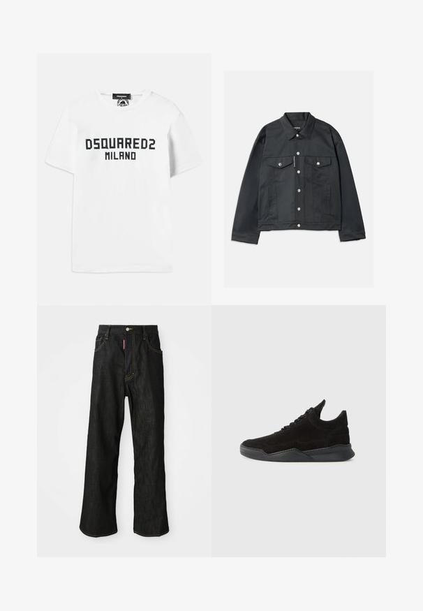 Juodas džinsinis švarkas su mygtukų užsegimu, dviem krūtinės kišenėmis su dangteliais, sidabro spalvos detalėmis ir klasikinio stiliaus apykakle. Lygus audinys, sutrumpintas siluetas.; Dsquared2 COOL FIT TEE - Marškinėliai su spaudiniu - white/dark navy; Juodos tiesios kojos džinsai su geltonu siūleliu, penkių kišenių dizainas, mygtuko užsegimas ir mažas raudonas ženkliukas priekinėje dešinėje kišenėje.; Juodos suedes sportiniai bateliai su žemu profiliu, tekstūruotu paviršiumi, plokščiomis raištelėmis ir tvirtu guminiu padu, turinčiu šiek tiek pakilimą ir išlenktą dizainą.