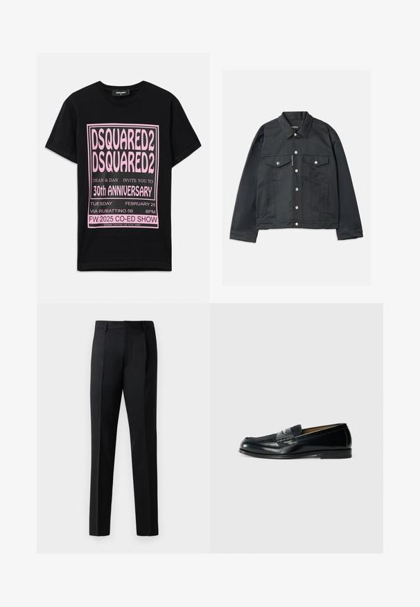 Veste en denim noir avec une fermeture à boutons sur le devant, deux poches poitrine avec rabat, quincaillerie argentée et col classique. Texture lisse, coupe courte.; T-shirt noir en coton avec un grand texte graphique rose. Le design inclut les détails de l'événement en différentes tailles de police et des informations supplémentaires en bas.; Pantalons formels noirs en tissu lisse, avec une coupe droite, des plis à l'avant et une taille standard sans embellissements.; Mocassin en cuir noir avec un dessus texturé, accent tressé et finition lisse. Talon bas et design minimaliste.