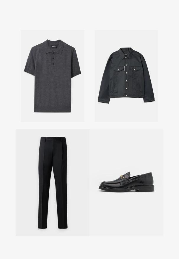 Musta farkkutakki, jossa on napitettavuus edessä, kaksi rintataskua läpillä, hopeiset yksityiskohdat ja klassinen kaulus. Sileä rakenne, lyhyt malli.; Tumma harmaa poolopaita, joka on valmistettu sileästä kankaasta. Siinä on kolmen napin aukko, lyhyet hihat ja hillitty kohokuvioitu logo rinnassa.; Mustat viralliset housut, jotka on valmistettu sileästä kankaasta, suoranlahkeiset, etupleiteillä varustetut ja tavanomainen vyötärö ilman koristeita.; Musta nahkainen loafers-tyylinen kengät, joissa on pyöreä kärki, kultaiset yksityiskohdat ja ompelutiedot, asetettu matalalle, teksturoidulle kumipohjalle.
